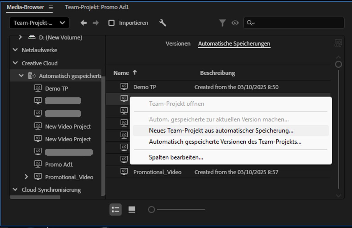 Das neue Team-Projekt aus der automatischen Speicherung wird für die ausgewählten bestehenden Team-Projekte ausgewählt und ein neues Team-Projekt wird erstellt.