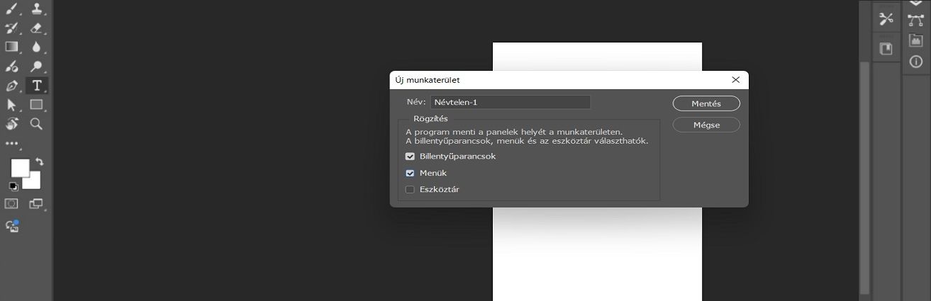 Az Adobe Photoshop Új munkaterület párbeszédpanelje, amelyen a munkaterület elnevezésének és a panelek, billentyűparancsok, menük és eszköztárak elhelyezkedésének beállítására szolgáló opciók láthatók.