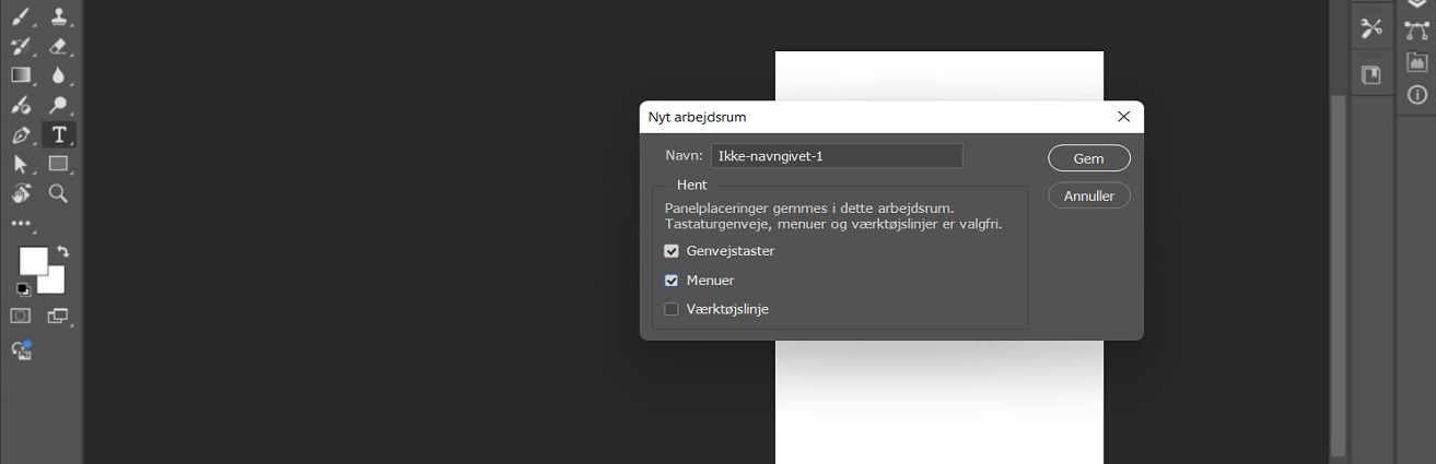 Dialogboksen Nyt arbejdsrum i Adobe Photoshop, der viser muligheder for at navngive arbejdsrummet og optage panelplaceringer, tastaturgenveje, menuer og værktøjslinje.