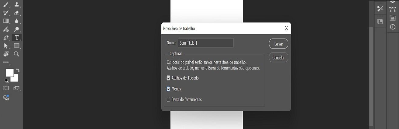 A caixa de diálogo Novo espaço de trabalho no Adobe Photoshop, exibindo opções para nomear o espaço de trabalho e capturar localizações de painéis, atalhos de teclado, menus e barra de ferramentas.