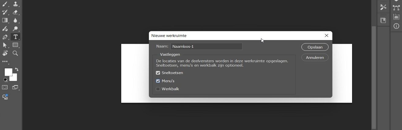 Het dialoogvenster Nieuwe werkruimte in Adobe Photoshop, met options voor het benoemen van de werkruimte en het vastleggen van paneel locaties, sneltoetsen, menu's en werkbalk.
