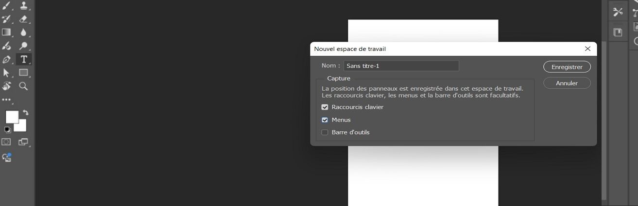 La boîte de dialogue Nouvel espace de travail dans Adobe Photoshop, affichant les options pour nommer l’espace de travail et capturer l’emplacement des panneaux, les raccourcis clavier, les menus et la barre d’outils.