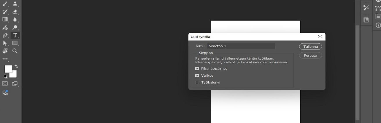 Adobe Photoshopin Uusi työtila -valintaikkuna, jossa voi antaa työtilalle nimen sekä määrittää paneelien sijaintia, pikanäppäimiä, valikoita ja työkaluriviä koskevat tiedot.