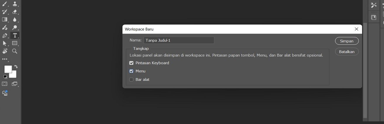 Kotak dialog Ruang Kerja Baru di Adobe Photoshop, menampilkan opsi untuk memberi nama ruang kerja dan mengcapture lokasi panel, pintasan keyboard, menu, dan bar alat.