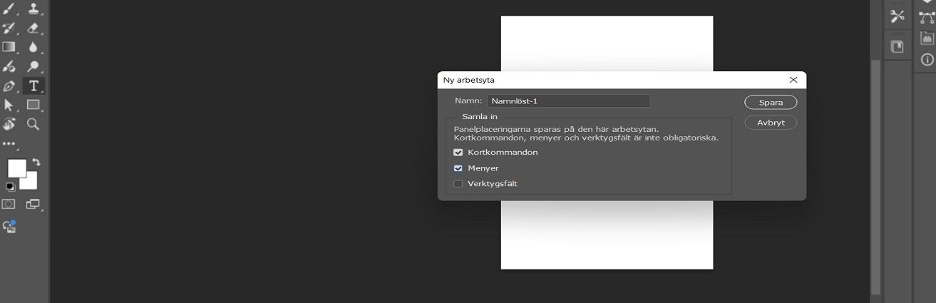 Dialogrutan Ny arbetsyta i Adobe Photoshop, som visar options för att namnge arbetsytan och capture panelplaceringar, kortkommandon, menyer och verktygsfält.