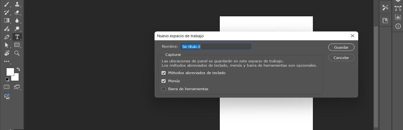 El cuadro de diálogo Nuevo espacio de trabajo en adobe photoshop, que muestra options para nombrar el espacio de trabajo y capture ubicaciones de panel, atajos de teclado, menús y barra de herramientas.