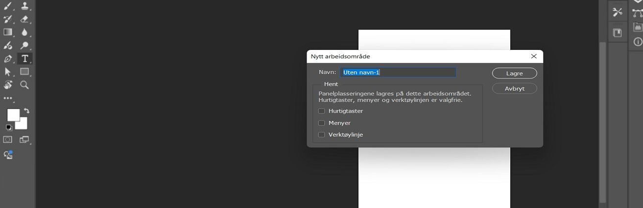 Dialogboksen Nytt arbeidsområde i Adobe Photoshop, som viser alternativer for å navngi arbeidsområdet og capture panelplasseringer, hurtigtaster, menyer og verktøylinje.