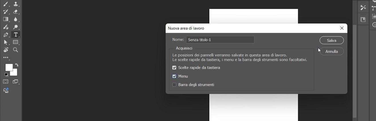 La finestra di dialogo Nuova area di lavoro in Adobe Photoshop, che mostra le options per nominare l'area di lavoro e capture le posizioni dei pannelli, le scorciatoie da tastiera, i menu e la barra degli strumenti.