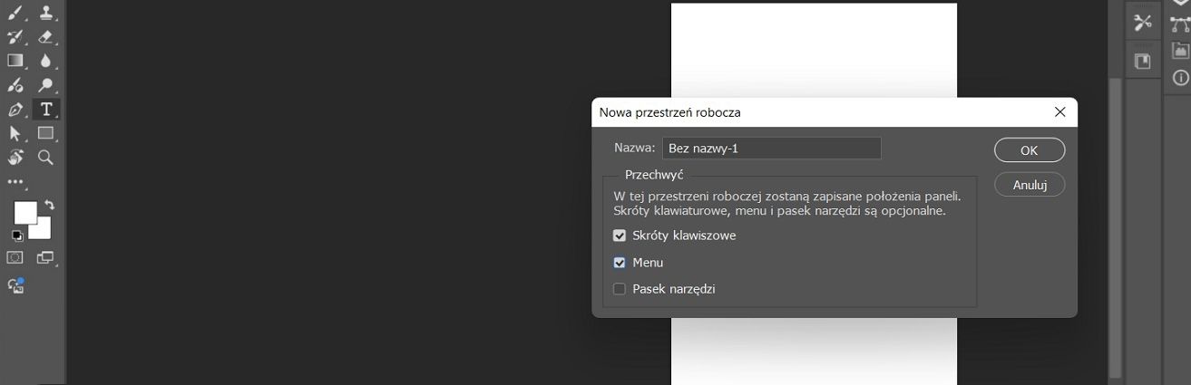 Okno dialogowe Nowa przestrzeń robocza w Adobe Photoshop, pokazujące opcje nazwania przestrzeni roboczej i capture lokalizacji panel, skrótów klawiaturowych, menu i pasek narzędzi.