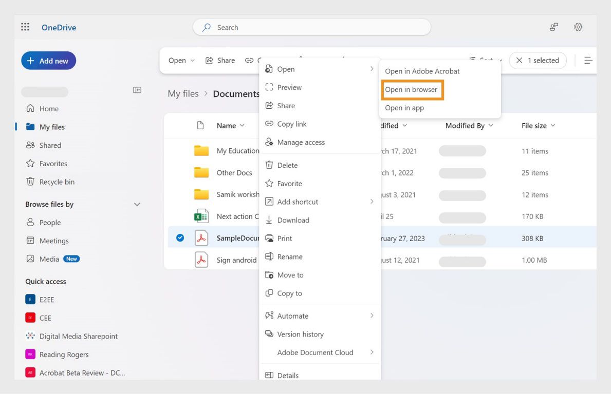 Інтерфейс OneDrive з опціями керування PDF-файлами з виділеною опцією «Відкрити в браузері». 