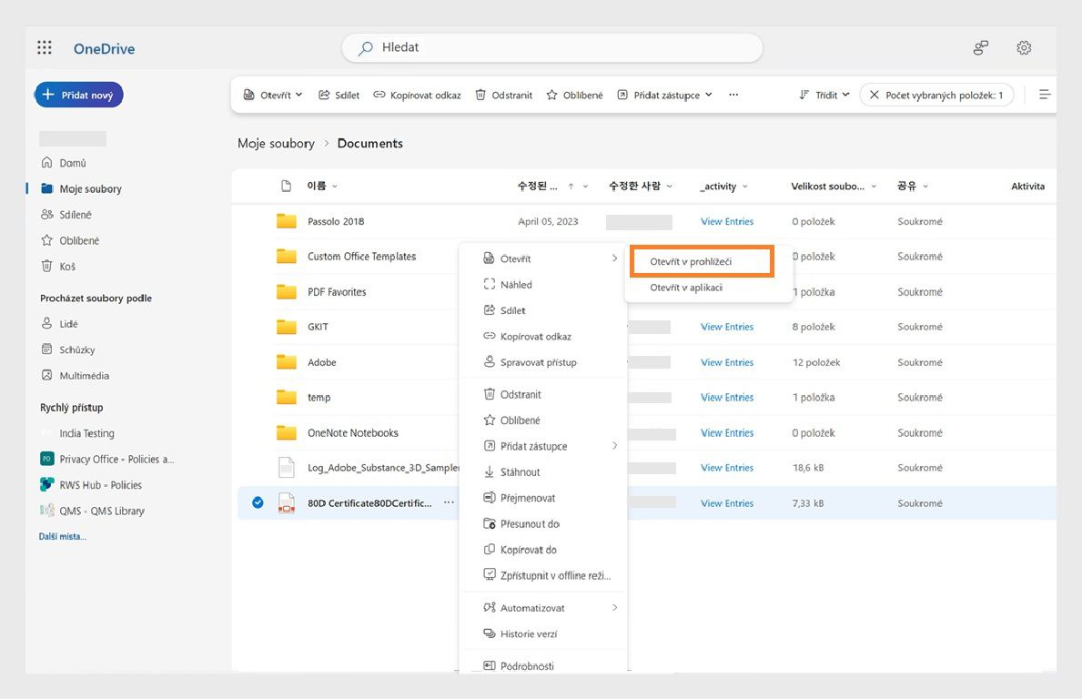 V rozhraní OneDrive jsou zobrazeny možnosti správy souborů pro soubor PDF, kde je zvýrazněna možnost „Otevřít v prohlížeči“. 
