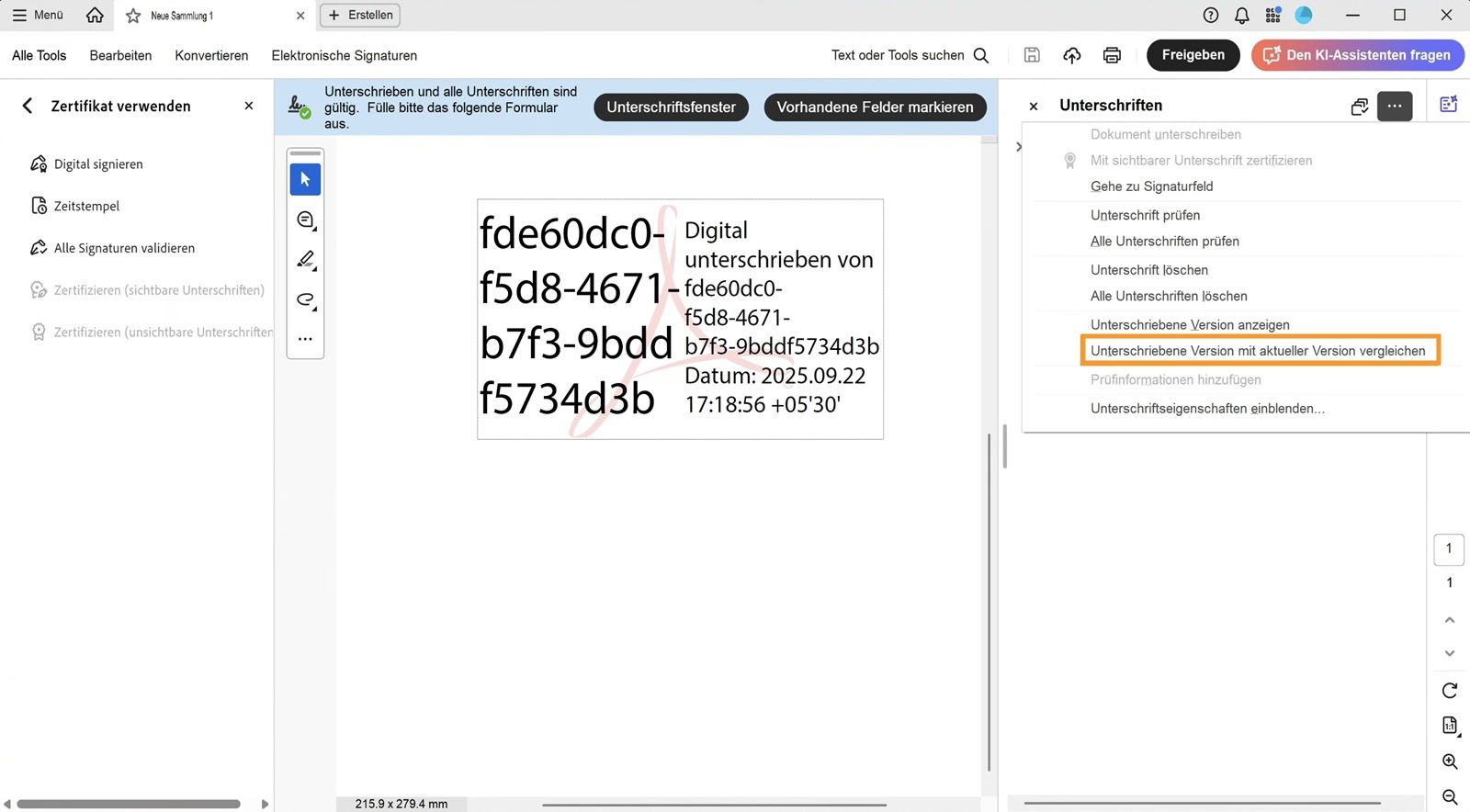 Das Menü „Optionen“ des Signatur-Bedienfelds zeigt folgende Optionen an: Dokument signieren, Mit sichtbarer Signatur zertifizieren, Zu Signaturfeld wechseln, Signatur validieren, Alle Signaturen validieren, Alle Signaturen löschen, Signierte Version anzeigen, Signierte Version mit aktueller Version vergleichen, Verifizierungsinformationen hinzufügen, Signatureigenschaften anzeigen und Rechtlicher Hinweis. 