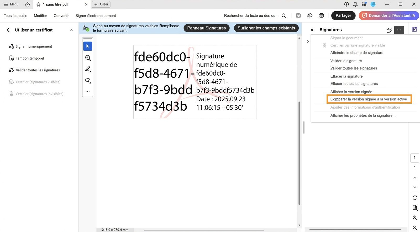 Le menu Option du panneau Signature affiche les options suivantes : Signer le document, Certifier avec une signature visible, Atteindre le champ de signature, Valider la signature, Valider toutes les signatures, Effacer toutes les signatures, Afficher la version signée, Comparer la version signée à la version actuelle, Ajouter des informations de vérification, Afficher les propriétés de la signature et Avis juridique.