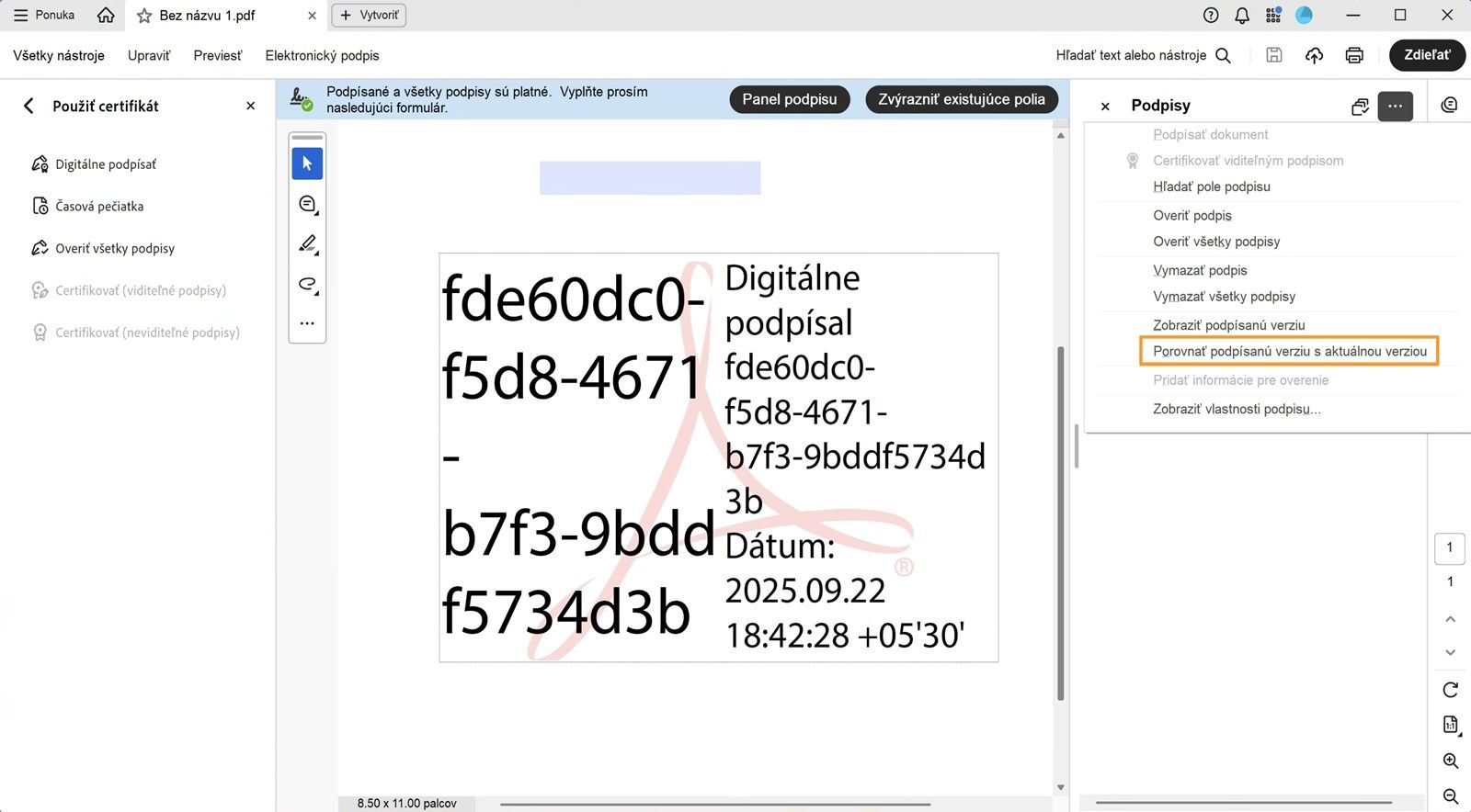 Ponuka Options panela Podpisy zobrazuje nasledujúce možnosti: Podpísať dokument, Certifikovať s viditeľným podpisom, Prejsť na pole podpisu, Overiť podpis, Overiť všetky podpisy, Vymazať všetky podpisy, Zobraziť podpísanú verziu, Porovnať podpísanú verziu s aktuálnou verziou, Pridať informácie o overení, Zobraziť vlastnosti podpisu a Právne upozornenie.