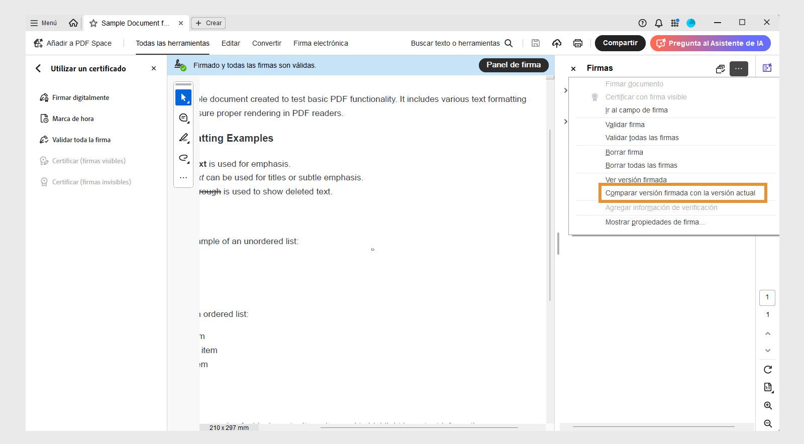 El menú Opciones del panel Firma muestra las siguientes opciones: Firmar documento, Certificar con firma visible, Ir al campo de firma, Validar firma, Validar todas las firmas, Borrar todas las firmas, Ver versión firmada, Comparar versión firmada con versión actual, Añadir información de verificación, Mostrar propiedades de firma y Aviso legal. 