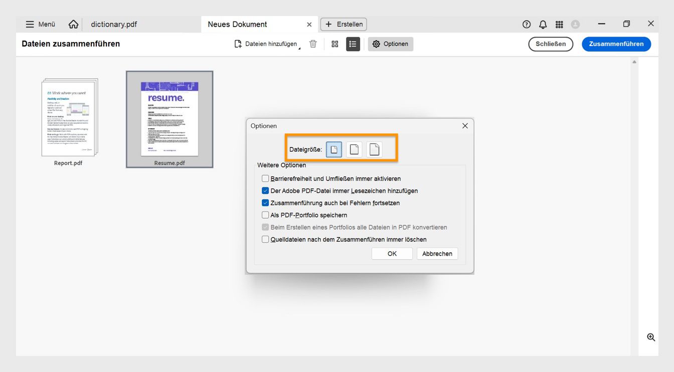 Das Dialogfeld „Optionen“ zeigt verschiedene Dateigrößen sowie andere Kombinationsoptionen an, um den Zugriff auf Dateien zu ermöglichen, Lesezeichen hinzuzufügen, Dateien mit Fehlern zu kombinieren, Dateien als PDF-Portfolio zu speichern, Dateien bei der Erstellung eines PDF-Portfolios in PDF-Dateien zu konvertieren und Quelldateien nach der Kombination zu löschen.