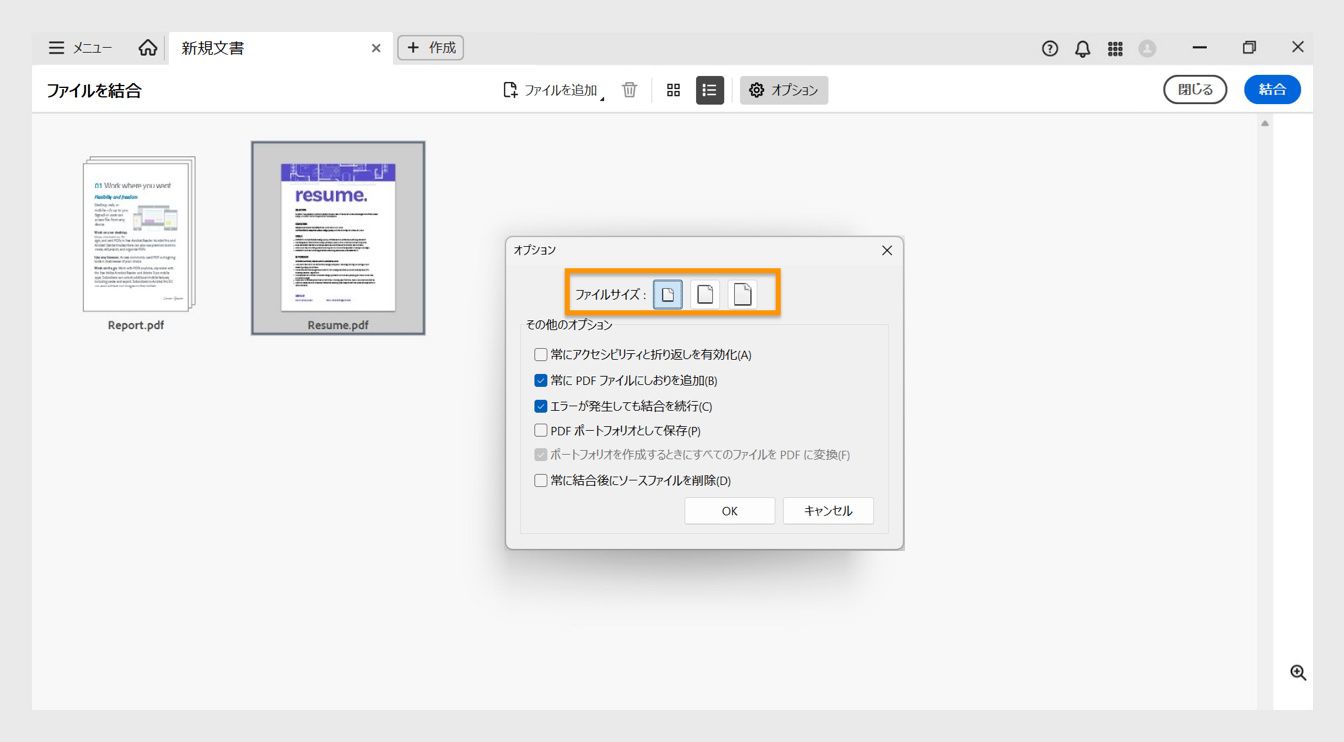 オプションダイアログボックスには、様々なファイルサイズとともに、ファイルのアクセシビリティを有効にする、ブックマークを追加する、エラーがあっても結合する、ファイルを PDF ポートフォリオとして保存する、PDF ポートフォリオの作成時に PDF に変換する、結合後にソースファイルを削除するなどの結合オプションが表示されます。