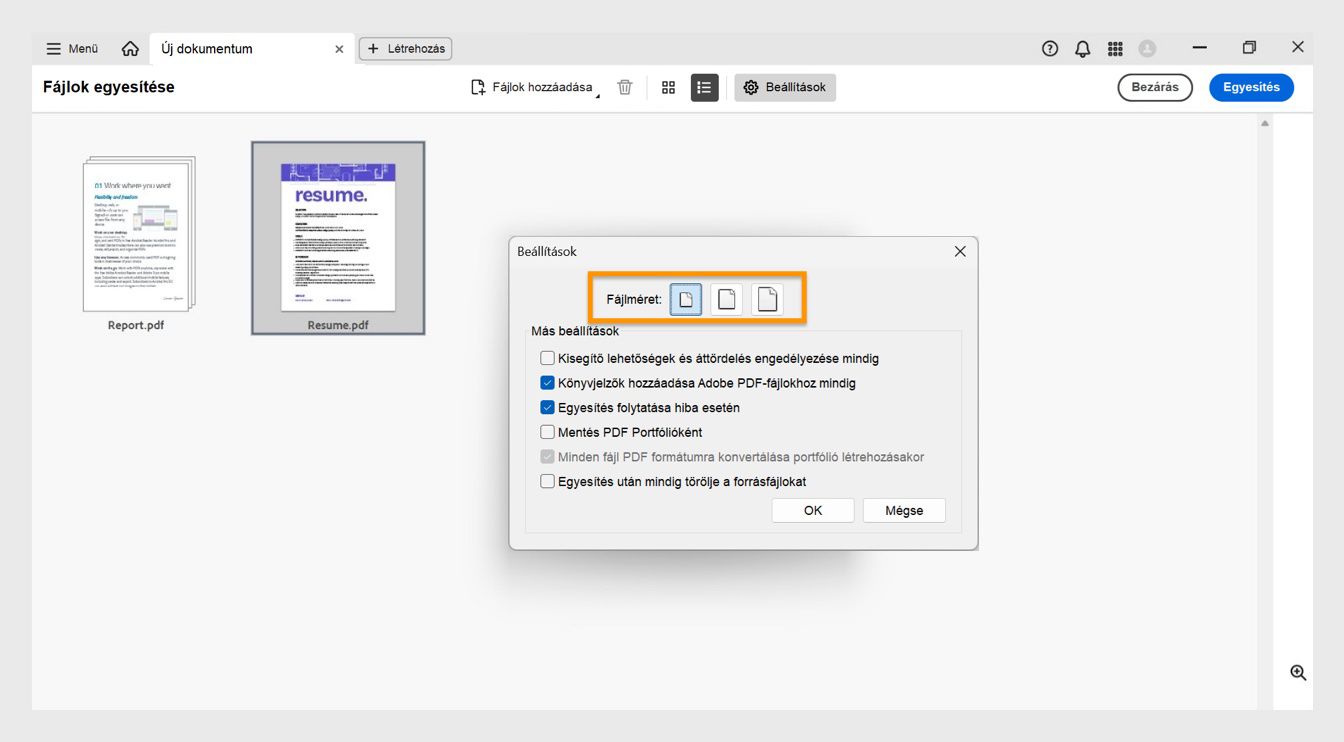 A Beállítások párbeszédpanel különböző fájlméreteket jelenít meg, valamint további kombinálási lehetőségeket a fájlhozzáférhetőség engedélyezéséhez, könyvjelzők hozzáadásához, hibás fájlokkal való egyesítéshez, fájlok PDF-portfólióként való mentéséhez, PDF-formátumba konvertáláshoz portfólió létrehozásakor, és a forrásfájlok törléséhez a kombinálás után.