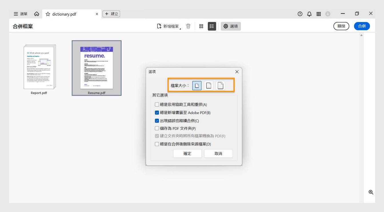 「選項」對話框會顯示各種檔案大小以及其他合併選項，以啟用檔案協助工具、新增書籤、合併錯誤、將檔案另存為 PDF 檔案夾、在建立 PDF 檔案夾時轉換為 PDF，以及在合併後刪除來源檔案。