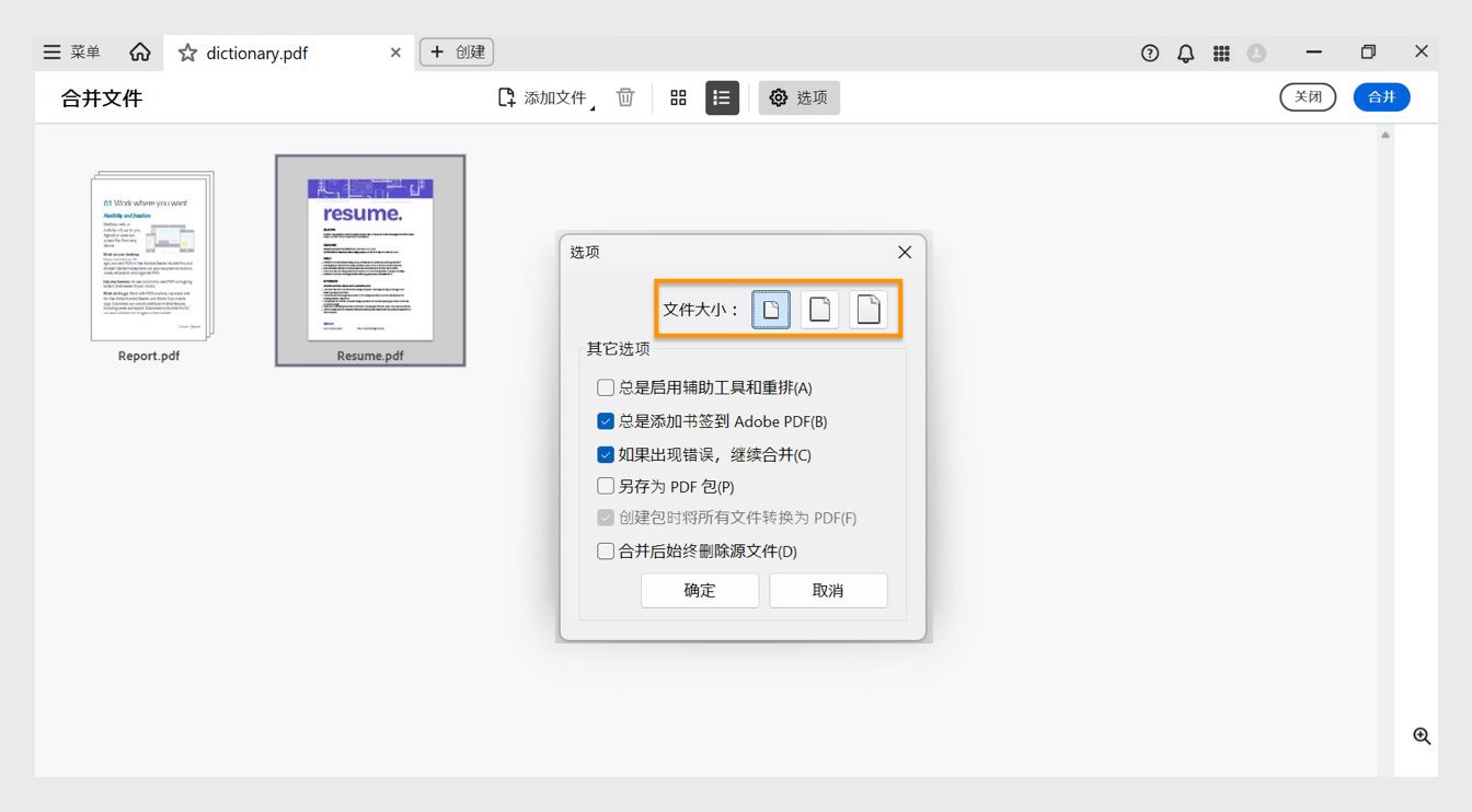 “选项”对话框显示各种文件大小以及其他合并选项，包括：启用文件辅助功能、添加书签、允许合并时包含错误、将文件另存为 PDF 包、创建 PDF 包时转换为 PDF 以及合并后删除源文件。