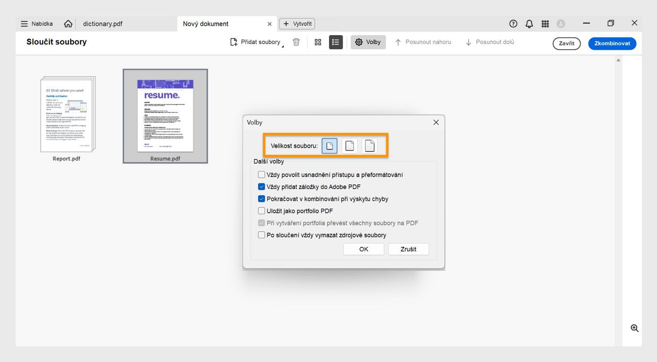 Dialogové okno Nastavení zobrazuje různé velikosti souborů spolu s dalšími možnostmi kombinování pro povolení přístupnosti souborů, přidání záložek, kombinování s chybami, uložení souborů jako portfolio, převod na PDF při vytváření portfolia a odstranění zdrojových souborů po kombinování.