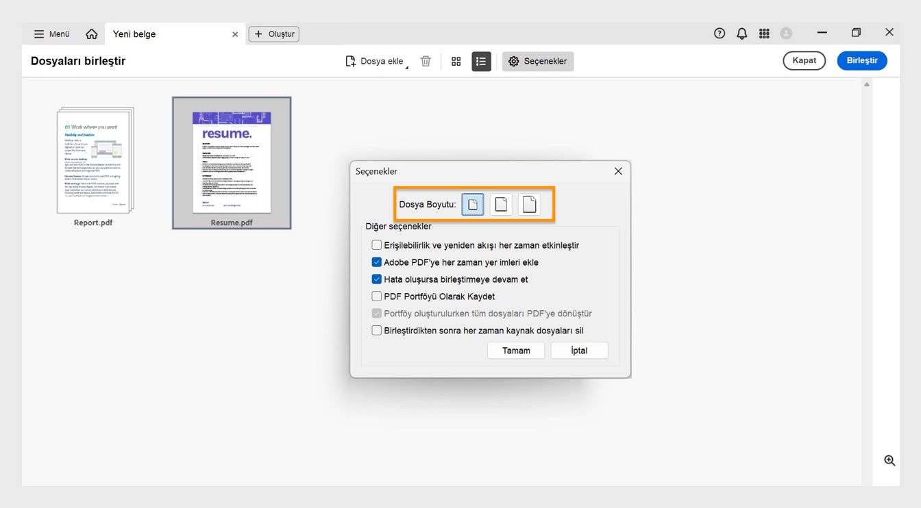 Seçenekler iletişim kutusu, çeşitli dosya boyutlarının yanı sıra dosya erişilebilirliğini sağlama, yer imleri ekleme, hatalarla birleştirme, dosyaları PDF portföyü olarak kaydetme, PDF portföyü oluştururken PDF'ye dönüştürme ve birleştirme sonrası kaynak dosyaları silme gibi diğer birleştirme seçeneklerini de görüntüler.