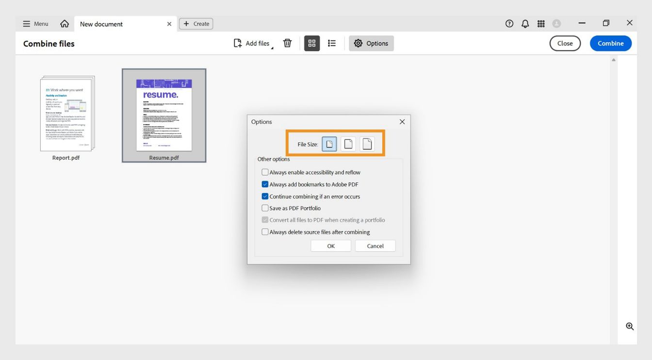 Nagpapakita ang Options dialog box ng iba't ibang file size kasama ang iba pang opsyon sa pag-combine upang i-enable ang accessibility ng file, magdagdag ng mga bookmark, mag-combine nang may mga error, mag-save ng mga file bilang PDF portfolio, mag-convert sa PDF kapag gumagawa ng PDF portfolio, at mag-delete ng mga source file pagkatapos ng pag-combine.