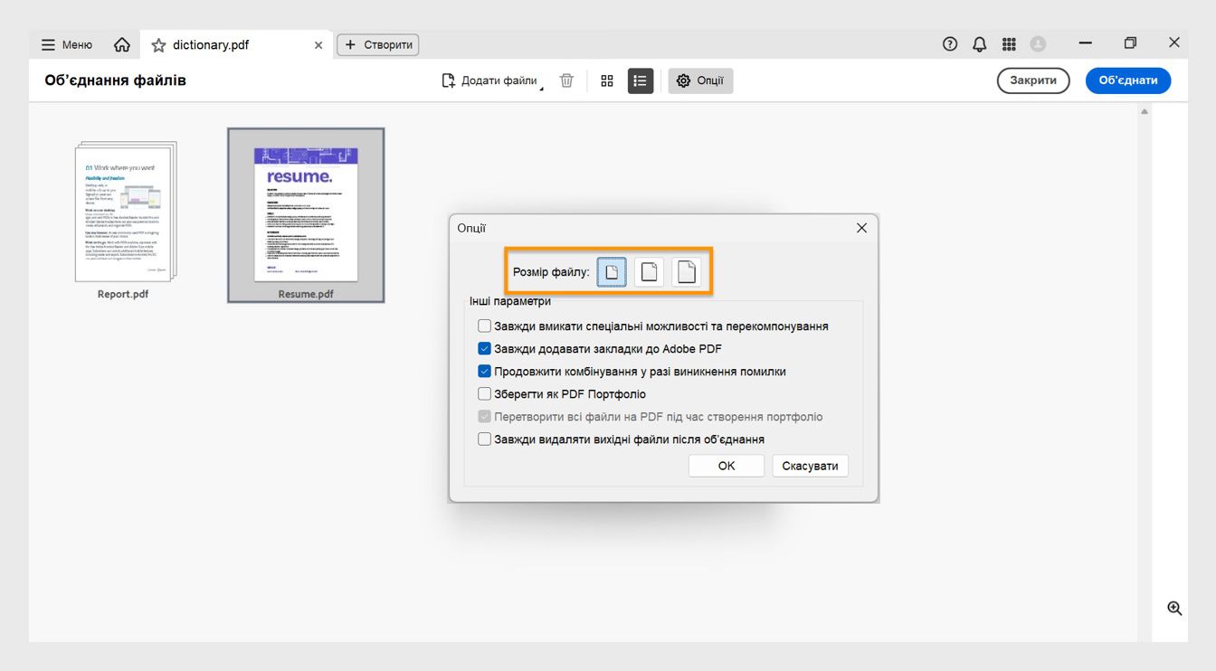 У діалоговому вікні «Параметри» відображаються різні розміри файлів разом з іншими параметрами об’єднання, які дають змогу забезпечити доступність файлу, додати закладки, об’єднати з помилками, зберегти файли як PDF-портфоліо, перетворити на PDF під час створення PDF-портфоліо та видалити вихідні файли після об’єднання.