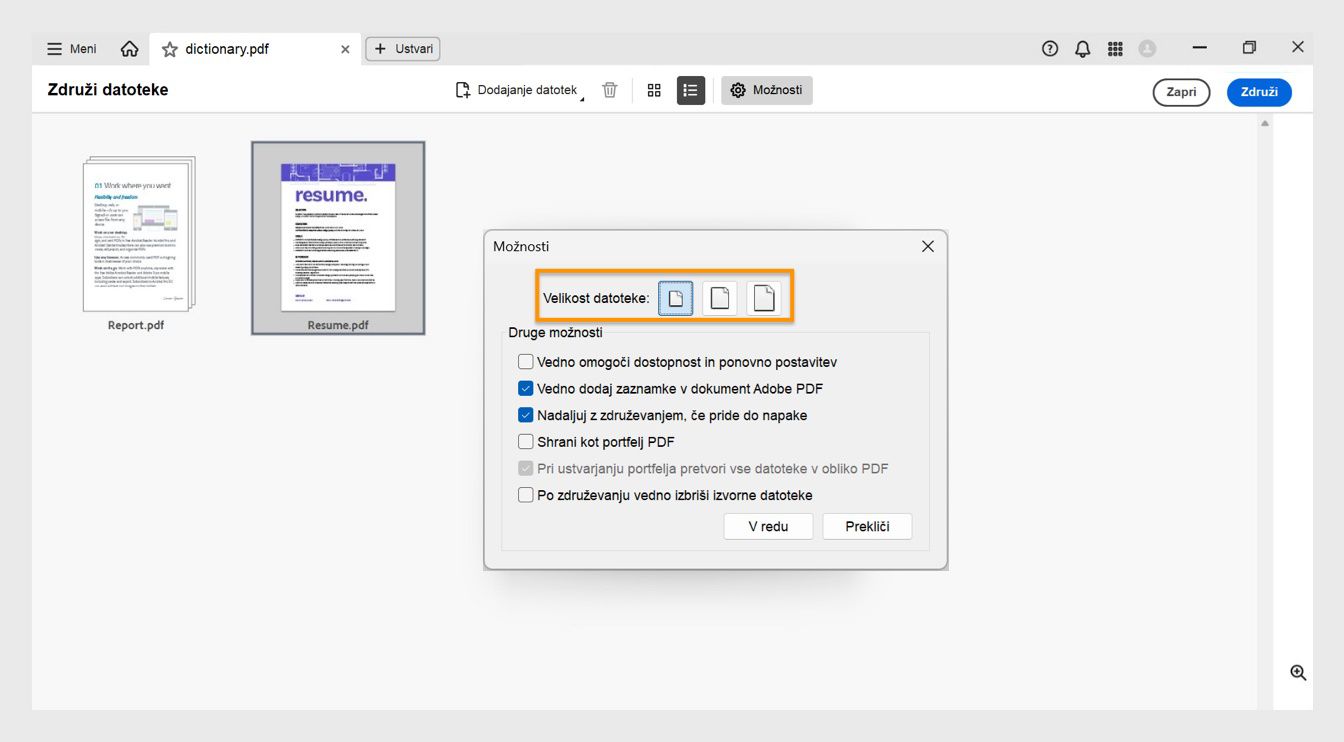 V pogovornem oknu Možnosti so prikazane različne velikosti datotek skupaj z drugimi možnostmi združevanja, kar omogoča dostopnost datotek, dodajanje zaznamkov, združevanje z napakami, shranjevanje datotek kot portfelj PDF, pretvarjanje v PDF pri ustvarjanju portfelja PDF in brisanje izvirnih datotek po združevanju.
