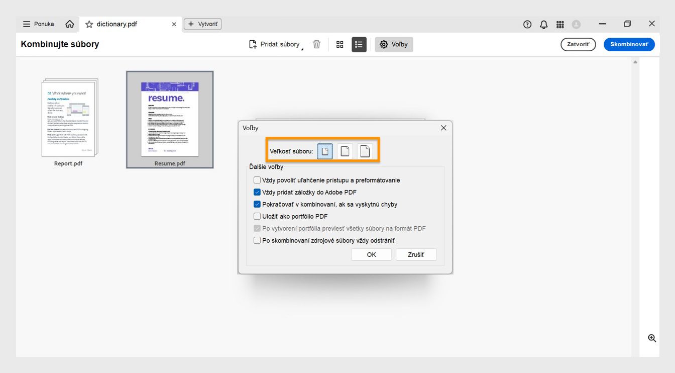 V dialógovom okne Options sa zobrazujú rôzne veľkosti súborov spolu s ďalšími možnosťami kombinovania na povolenie prístupnosti súborov, pridanie záložiek, kombinovanie s chybami, uloženie súborov ako portfolio pdf, konverziu na pdf pri vytváraní portfolio pdf a vymazanie zdrojových súborov po skombinovaní.