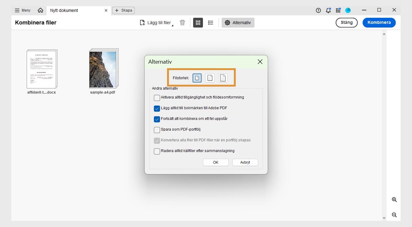 Dialogrutan Inställningar visar olika filstorlekar tillsammans med andra kombinationsalternativ för att aktivera filåtkomst, lägga till bokmärken, kombinera med fel, spara resurser som PDF-portfolio, konvertera till PDF-fil när du skapar PDF-portfolion och ta bort källresurser efter kombinering.