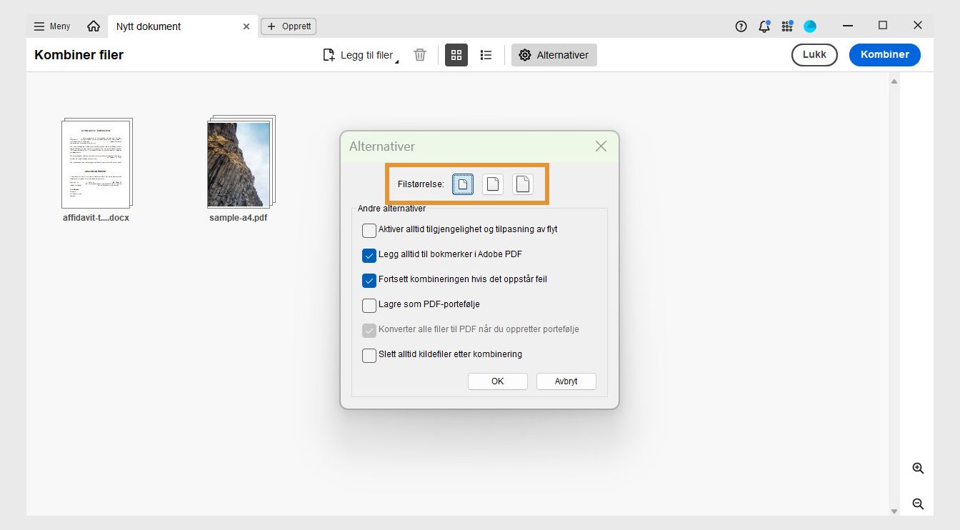 Dialogboksen Innstillinger viser ulike filstørrelser sammen med andre kombinasjonsalternativer for å aktivere filtilgjengelighet, legge til bokmerker, kombinere med feil, lagre filer som PDF-portfolio, konvertere til PDF ved opprettelse av PDF-portfolio og slette kildefiler etter kombinering.
