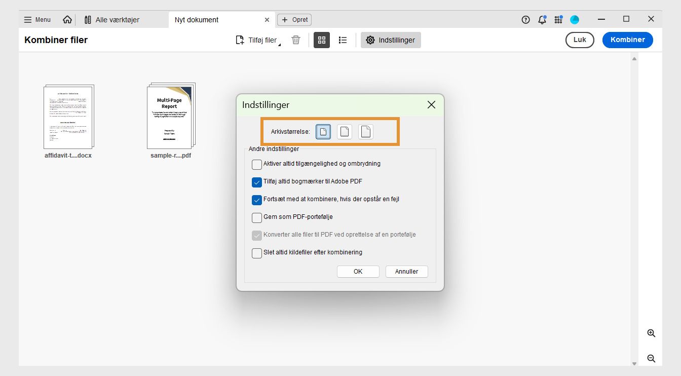 Dialogboksen Indstillinger viser forskellige filstørrelser sammen med andre kombineringsindstillinger for at aktivere filtilgængelighed, tilføje bogmærker, kombinere med fejl, gemme filer som en PDF-portefølje, konvertere til PDF, når der oprettes en PDF-portefølje, og slette kildefiler efter kombinering.