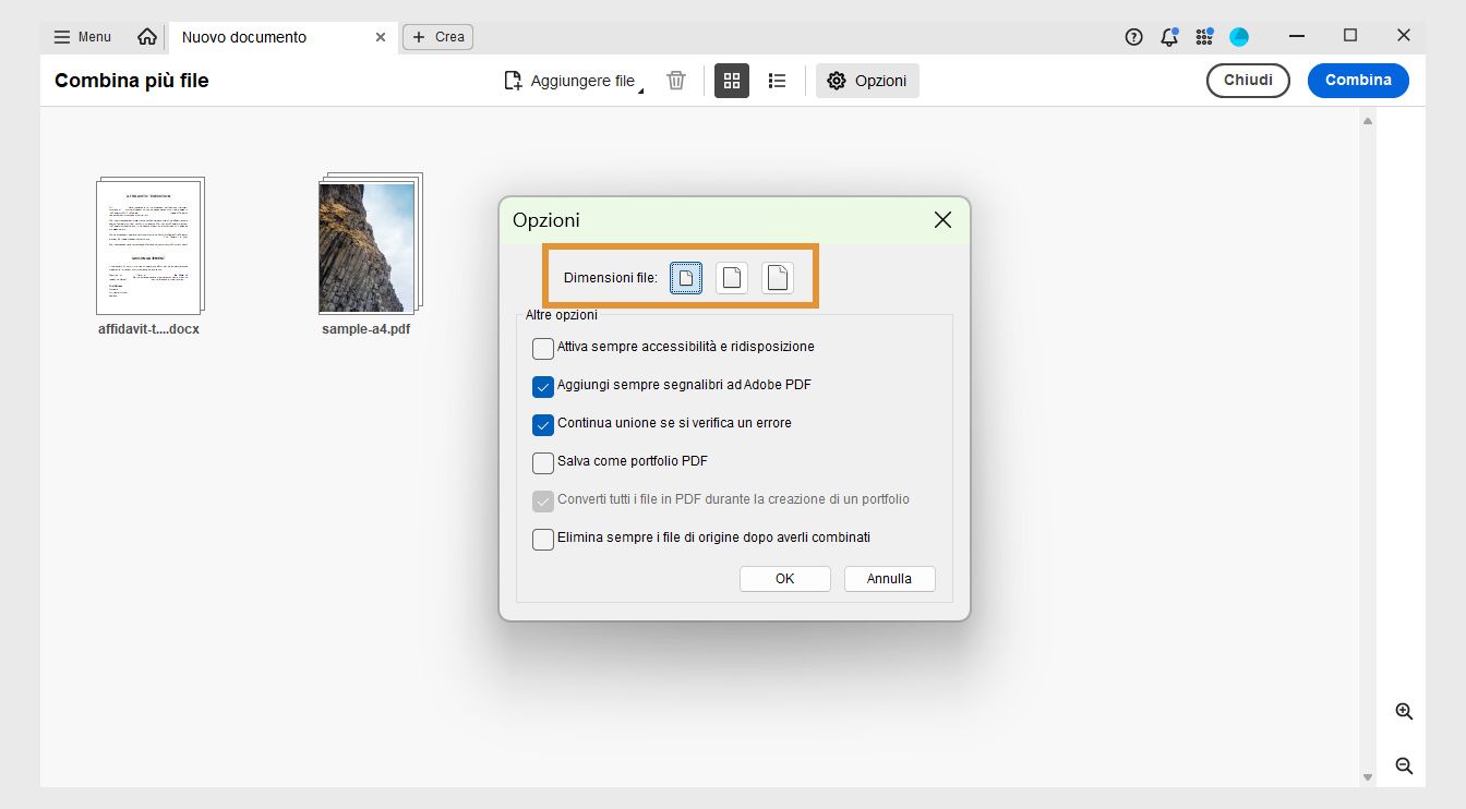 La finestra di dialogo Opzioni mostra varie dimensioni dei file insieme ad altre opzioni di combinazione per abilitare l’accessibilità dei file, aggiungere segnalibri, combinare con errori, salvare i file come portfolio PDF, convertire in PDF durante la creazione di portfolio PDF ed eliminare i file di origine dopo la combinazione.