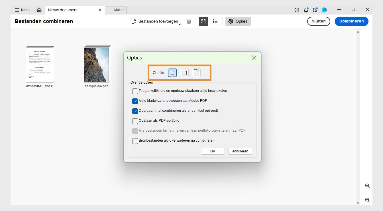 In het dialoogvenster Opties worden verschillende bestandsgrootten weergegeven, samen met andere combinatieopties. Zo kunt u de toegankelijkheid van bestanden inschakelen, bladwijzers toevoegen, bestanden combineren met fouten, bestanden opslaan als PDF-portfolio, bestanden converteren naar PDF bij het maken van een PDF-portfolio en bronbestanden verwijderen na het combineren.