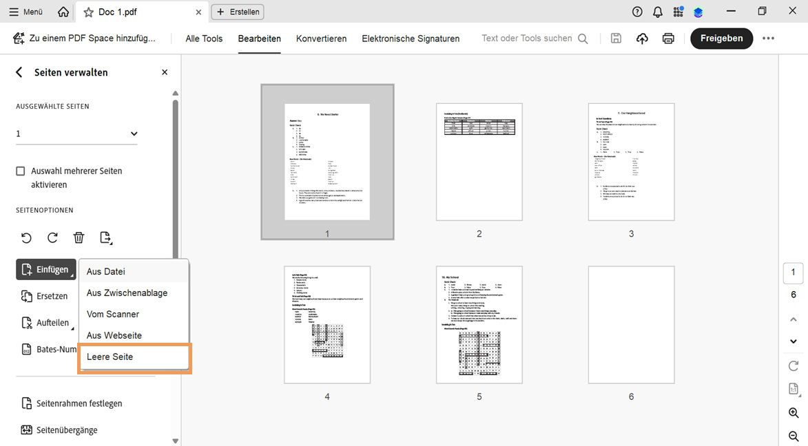 Das Tool „Seiten organisieren&quot; in Acrobat mit erweitertem Einfügen-Menü und hervorgehobener Option „Leere Seite“ zum Hinzufügen einer neuen Seite.