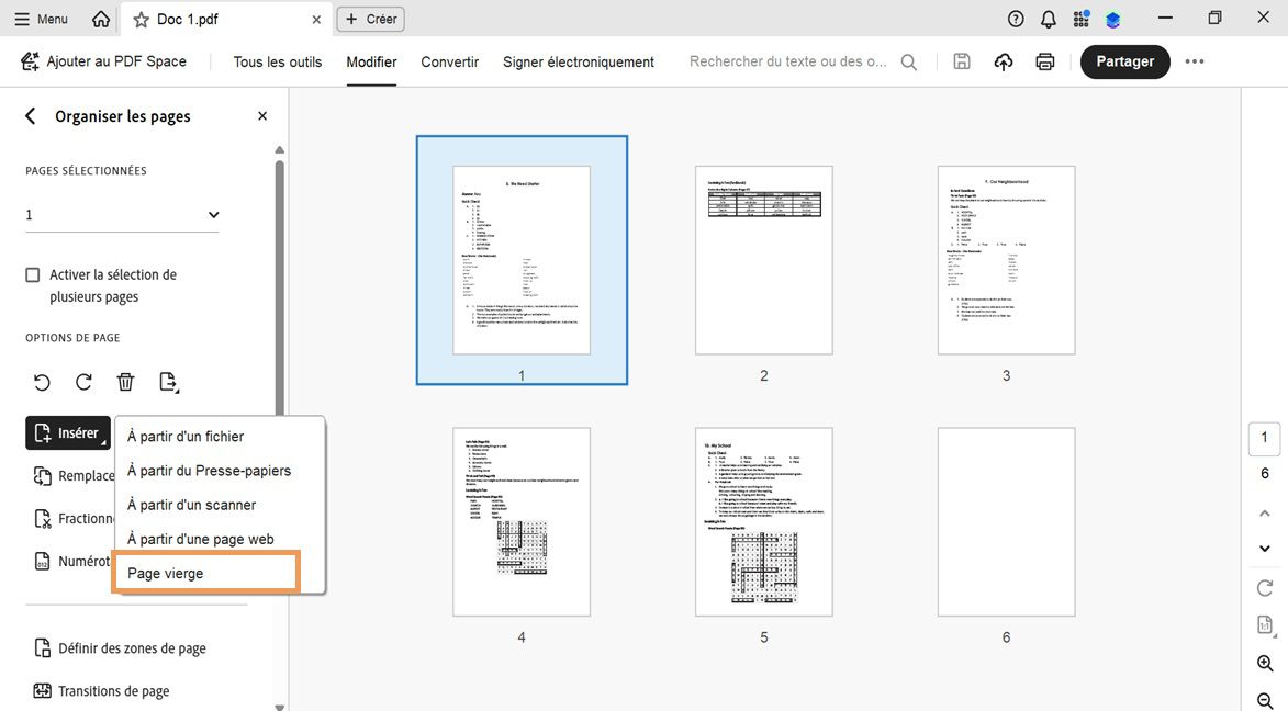 L'outil Organiser les pages dans Acrobat avec le menu Insérer développé et l'option Page vierge mise en surbrillance pour ajouter une nouvelle page.