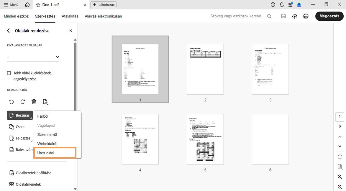 Az Acrobat Oldalak rendezése eszköze a kibontott Beszúrás menüvel és kiemelt Üres oldal opcióval új oldal hozzáadásához.