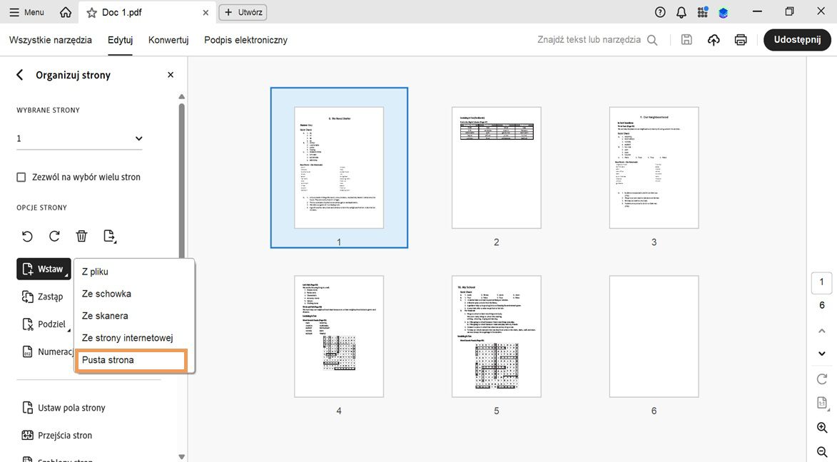 Narzędzie Organizuj strony w programie Acrobat z rozwiniętym menu Wstaw i podświetloną opcją Pusta strona do dodawania nowej strony.