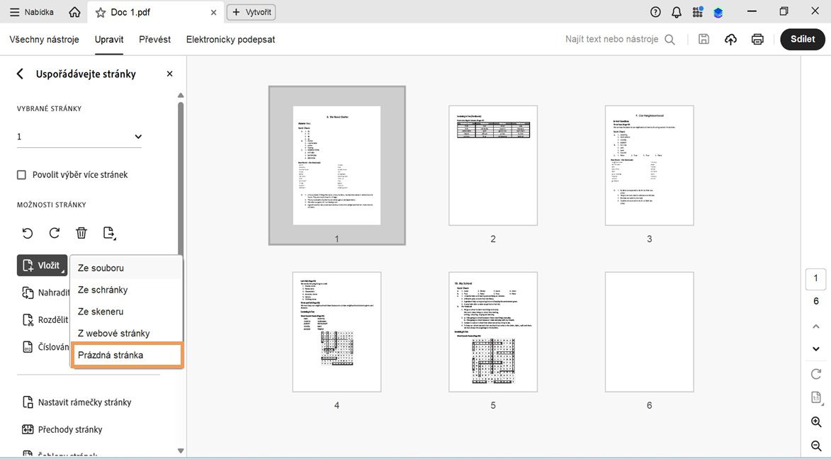 Nástroj Uspořádání stránek v aplikaci Acrobat s rozšířenou nabídkou Vložit a zvýrazněnou možností Prázdná stránka pro přidání nové stránky.