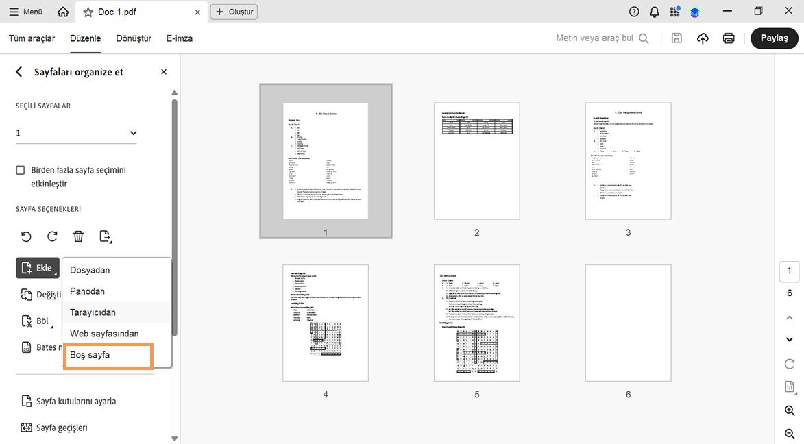 Yeni sayfa eklemek için Ekle menüsü genişletilmiş ve Boş Sayfa seçeneği vurgulanmış halde Acrobat'taki Sayfaları Organize Et aracı.