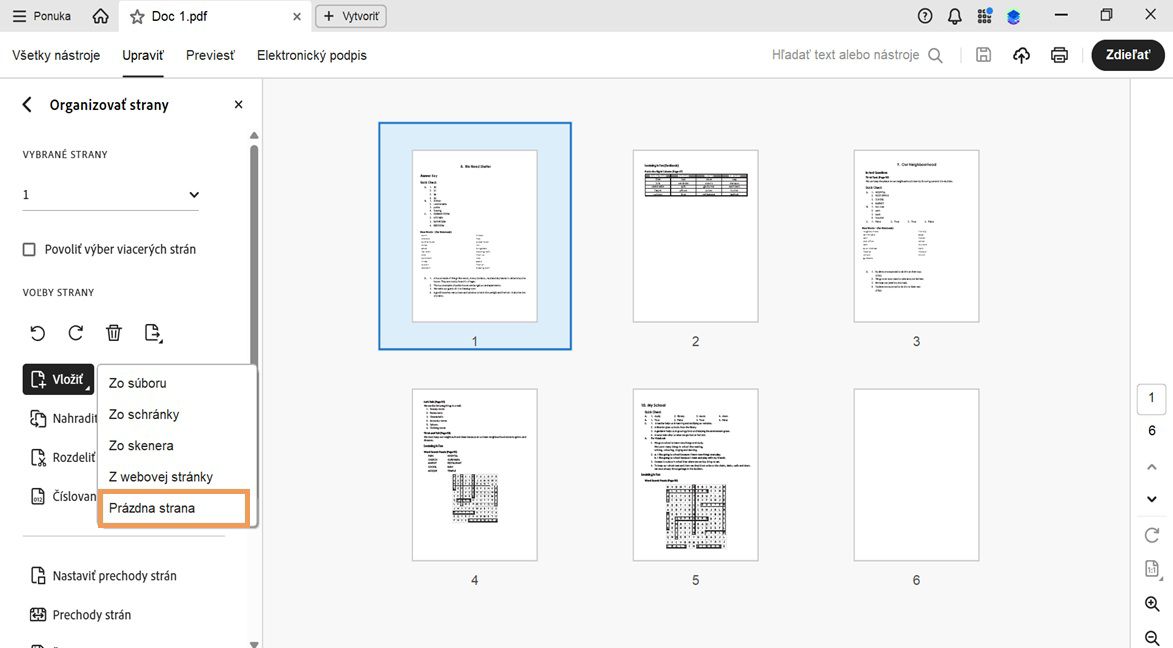 Nástroj Usporiadanie strán v programe Acrobat s rozšírenou ponukou Vložiť a zvýraznenou možnosťou Prázdna strana na pridanie novej strany.