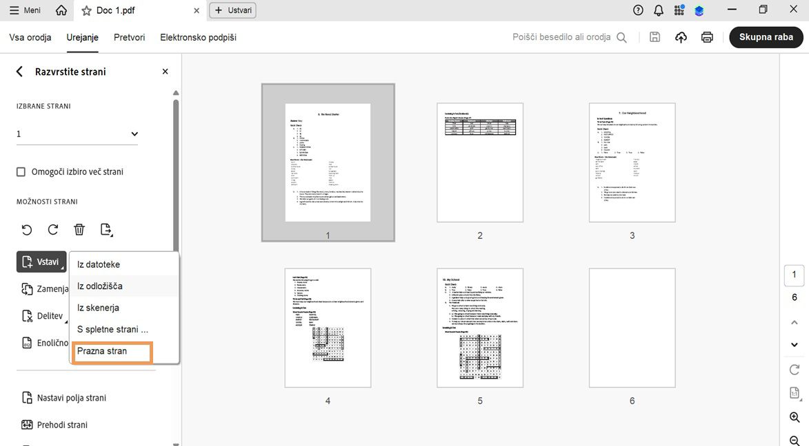 Orodje Razvrščanje strani v programu Acrobat z razširjenim menijem Vstavi in označeno možnostjo Prazna stran za dodajanje nove strani.