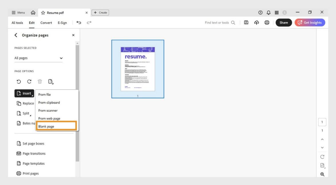 أداة تنظيم الصفحات في Acrobat مع توسيع قائمة الإدراج وتمييز خيار الصفحة الفارغة لإضافة صفحة جديدة.
