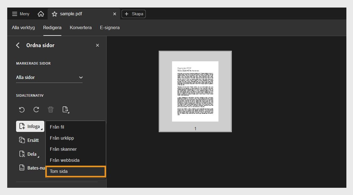 Verktyget Ordna sidor i Acrobat med den expanderade menyn Infoga och alternativet Tom sida markerat för att lägga till en ny sida.