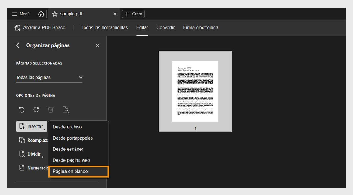La herramienta Organizar páginas en Acrobat con el menú Insertar expandido y la opción Página en blanco resaltada para añadir una nueva página.