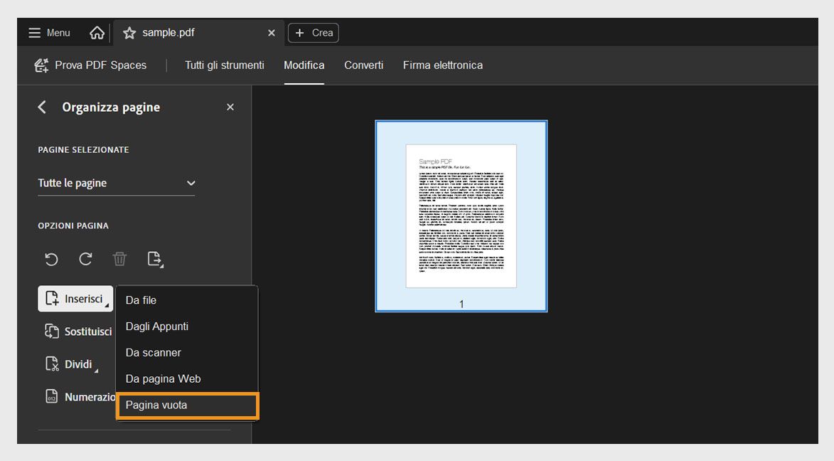 Lo strumento Organizza le pagine in Acrobat con il menu Inserisci espanso e l'opzione Pagina vuota evidenziata per aggiungere una nuova pagina.