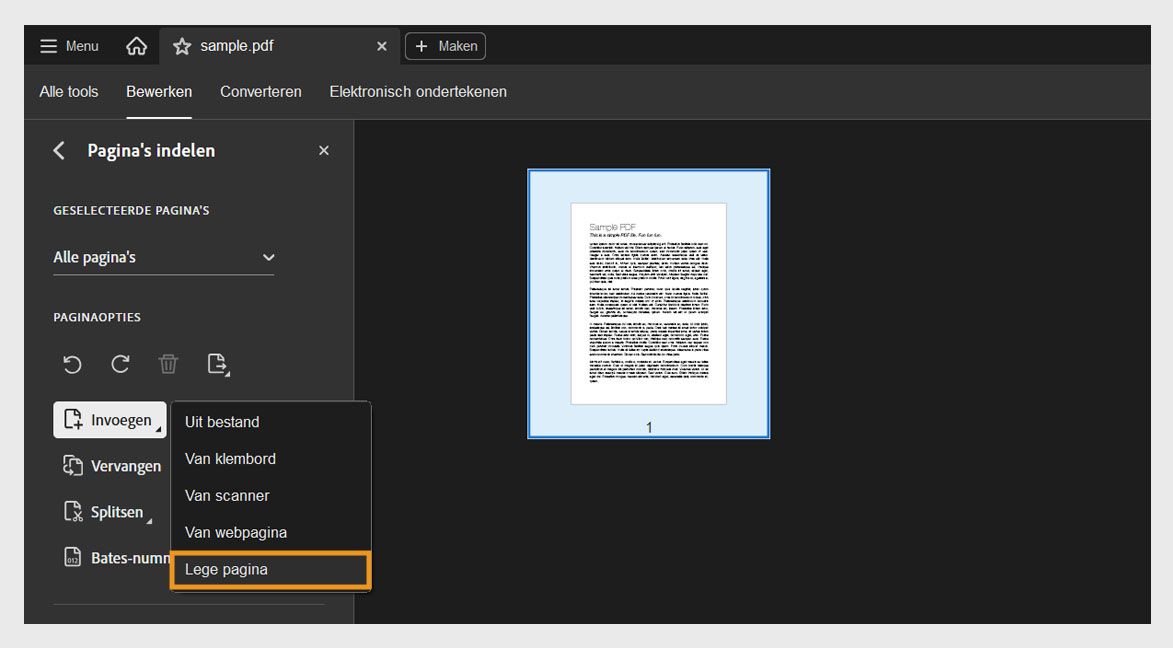 Het tool Pagina's indelen in Acrobat met het menu Invoegen uitgevouwen en de optie Lege pagina gemarkeerd om een nieuwe pagina toe te voegen.