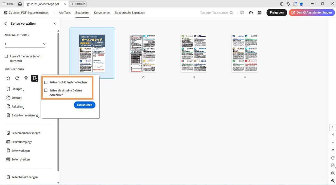 Der Bereich „Seiten organisieren“ zeigt das Dialogfeld „Seiten extrahieren“ mit folgenden Optionen an: „Seiten nach dem Extrahieren löschen“ und „Seiten als separate Dateien extrahieren“.Es gibt eine Schaltfläche „Extrahieren“, um die Aktion zu bestätigen.