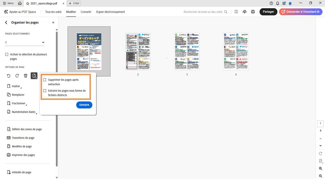 Le panneau Organiser les pages affiche la boîte de dialogue Extraire la page avec les options suivantes : Supprimer les pages après l'extraction et Extraire les pages en tant que fichiers séparés.Un bouton Extraire permet de confirmer l’action.